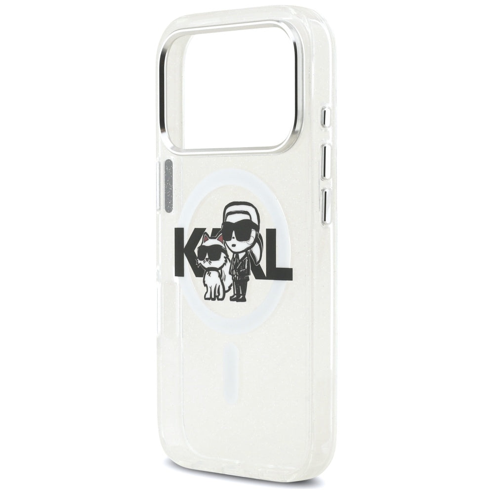 MagSafe-deksel for Apple iPhone 17 Pro, Karl Lagerfeld, IML Sketch Logo Glitter Karl & Choupette, Gjennomsiktig