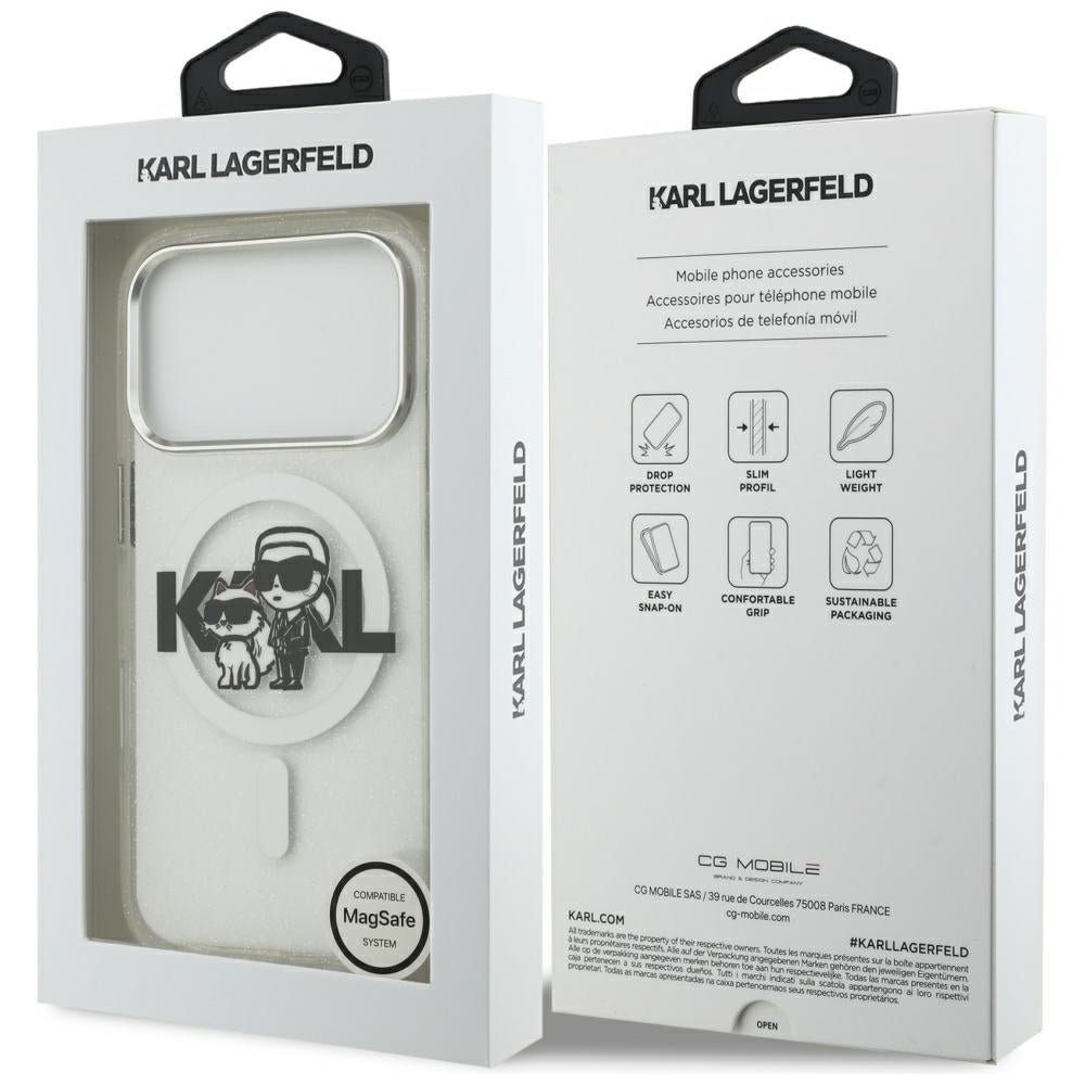 MagSafe-deksel for Apple iPhone 17 Pro, Karl Lagerfeld, IML Sketch Logo Glitter Karl & Choupette, Gjennomsiktig