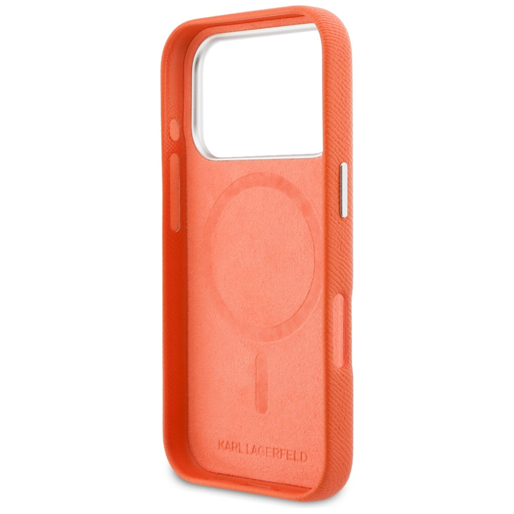 MagSafe-deksel for Apple iPhone 17 Pro, Karl Lagerfeld, Saffiano Karl & Choupette Pins, Oransje