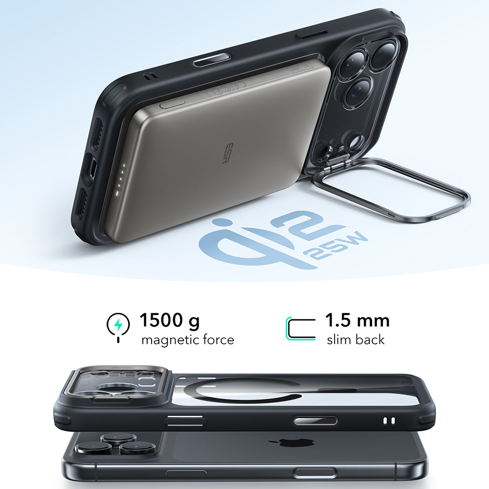 MagSafe-deksel for Apple iPhone 17 Pro Max, ESR, Classic Hybrid Kickstand, Svart Gjennomsiktig