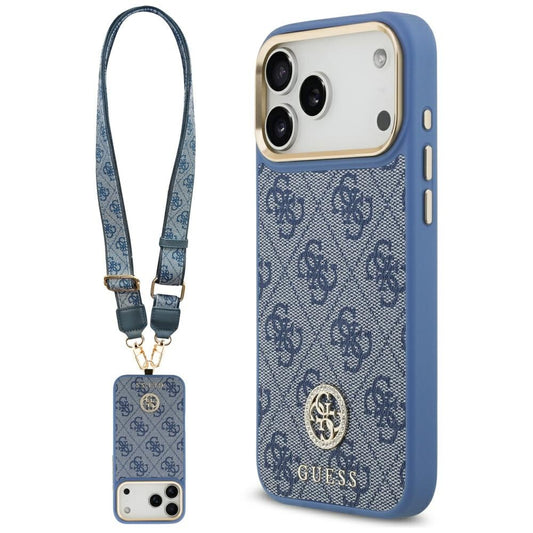 MagSafe-deksel for Apple iPhone 17 Pro Max, Guess, 4G Strass Logo with Big Strap, Blå