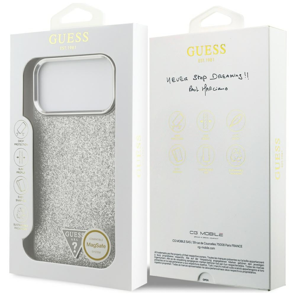MagSafe-deksel for Apple iPhone 17 Pro Max, Guess, Glitter Triangle Logo, Sølv