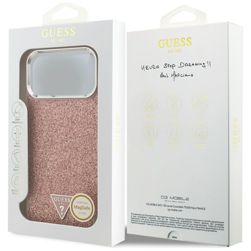 MagSafe-deksel for Apple iPhone 17 Pro Max, Guess, Glitter Triangle Logo, Rosa
