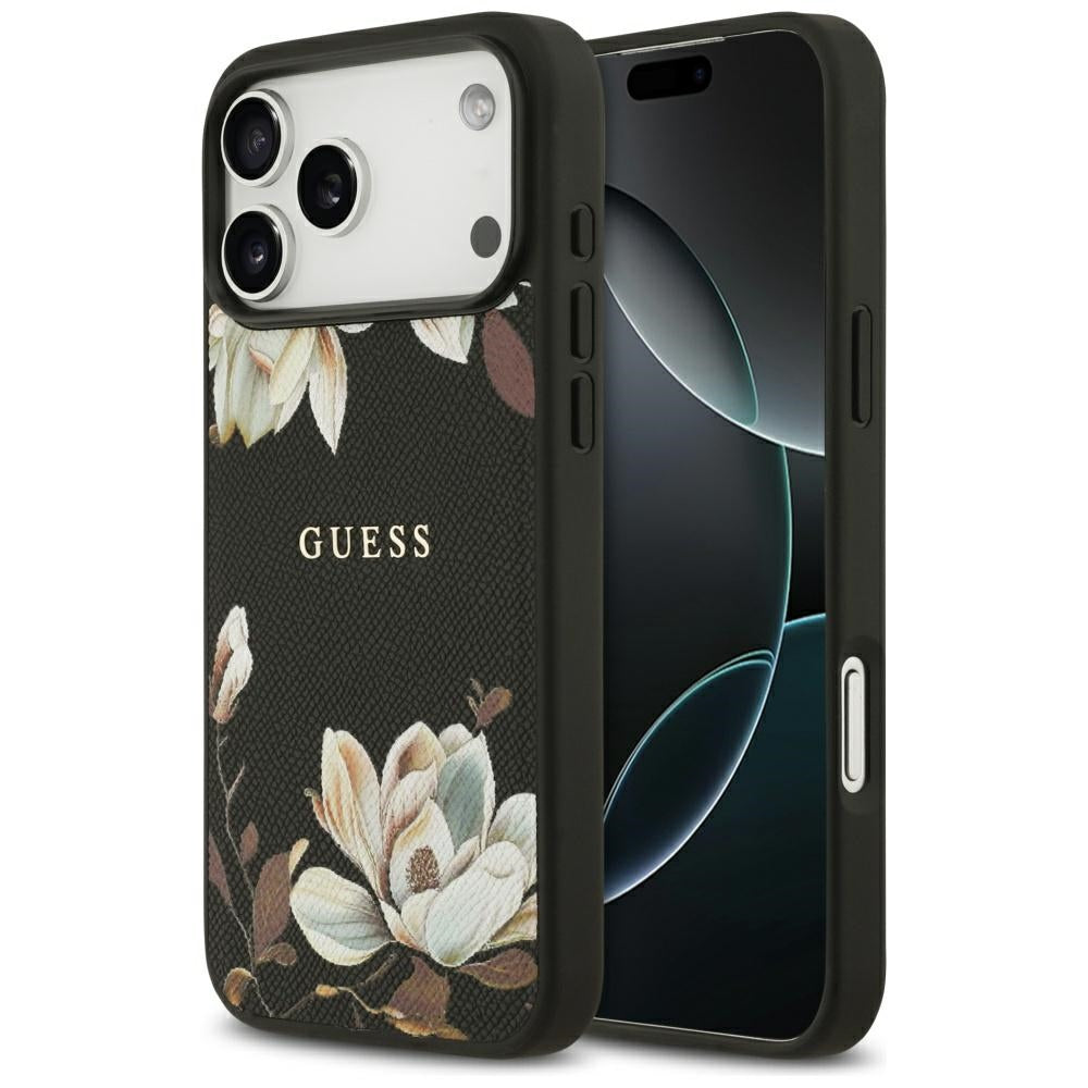 MagSafe-deksel for Apple iPhone 17 Pro Max, Guess, Grained Flowers, Svart