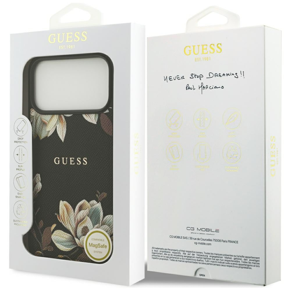 MagSafe-deksel for Apple iPhone 17 Pro Max, Guess, Grained Flowers, Svart