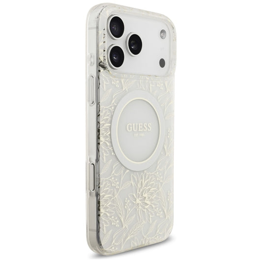 MagSafe-deksel for Apple iPhone 17 Pro Max, Guess, IML Flowers Allover Electroplated with Pearl Strap, Hvit
