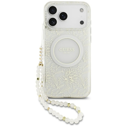 MagSafe-deksel for Apple iPhone 17 Pro Max, Guess, IML Flowers Allover Electroplated with Pearl Strap, Hvit