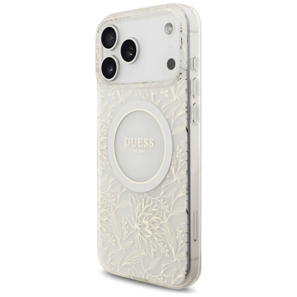 MagSafe-deksel for Apple iPhone 17 Pro Max, Guess, IML Flowers Allover Electroplated with Pearl Strap, Hvit