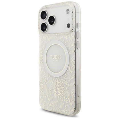 MagSafe-deksel for Apple iPhone 17 Pro Max, Guess, IML Flowers Allover Electroplated with Pearl Strap, Hvit