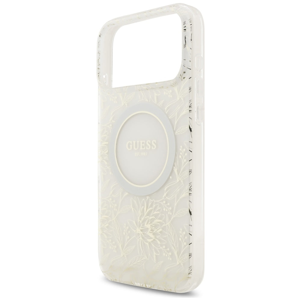 MagSafe-deksel for Apple iPhone 17 Pro Max, Guess, IML Flowers Allover Electroplated with Pearl Strap, Hvit