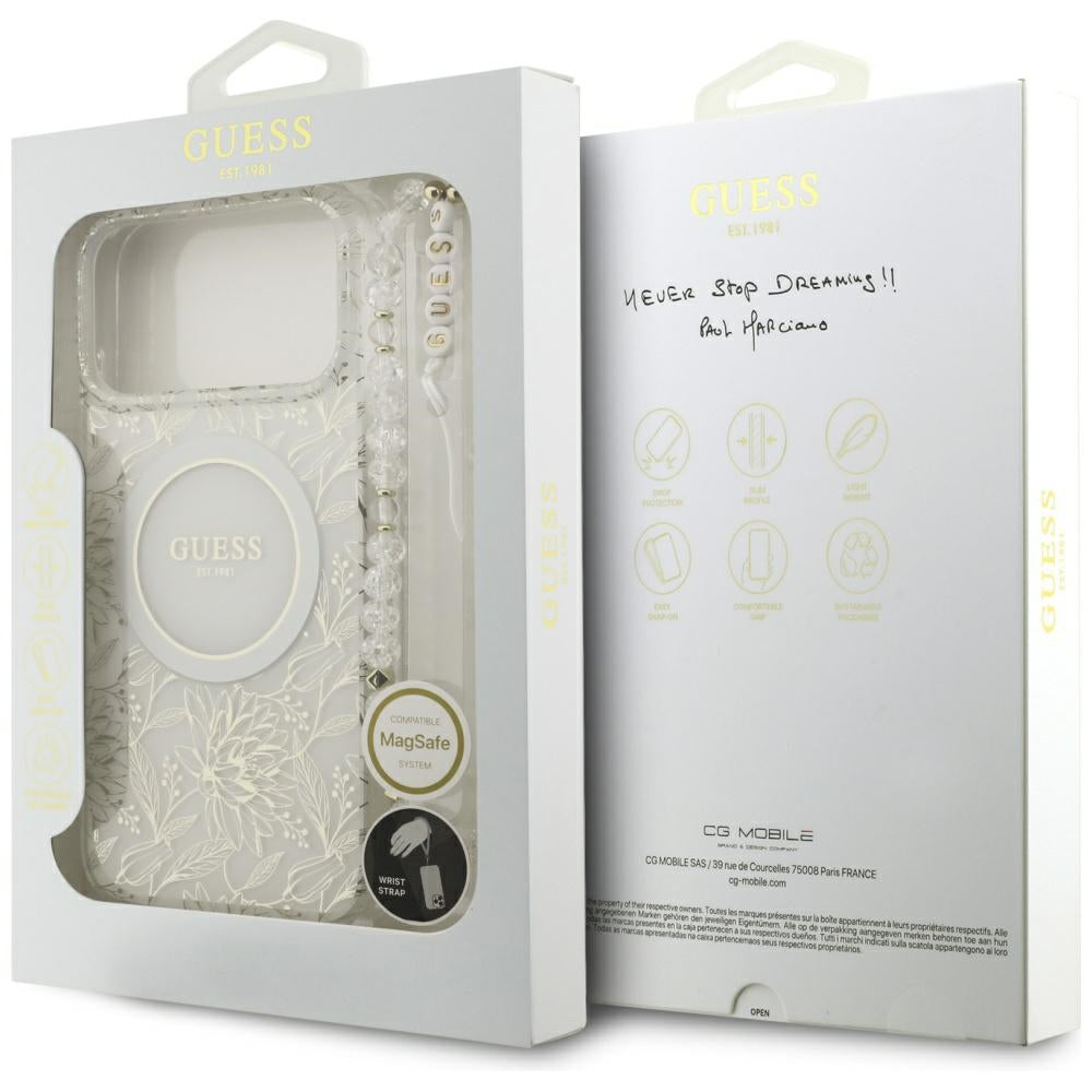 MagSafe-deksel for Apple iPhone 17 Pro Max, Guess, IML Flowers Allover Electroplated with Pearl Strap, Hvit