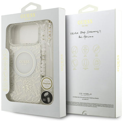 MagSafe-deksel for Apple iPhone 17 Pro Max, Guess, IML Flowers Allover Electroplated with Pearl Strap, Hvit