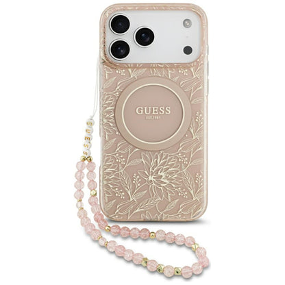 MagSafe-deksel for Apple iPhone 17 Pro Max, Guess, IML Flowers Allover Electroplated with Pearl Strap, Rosa