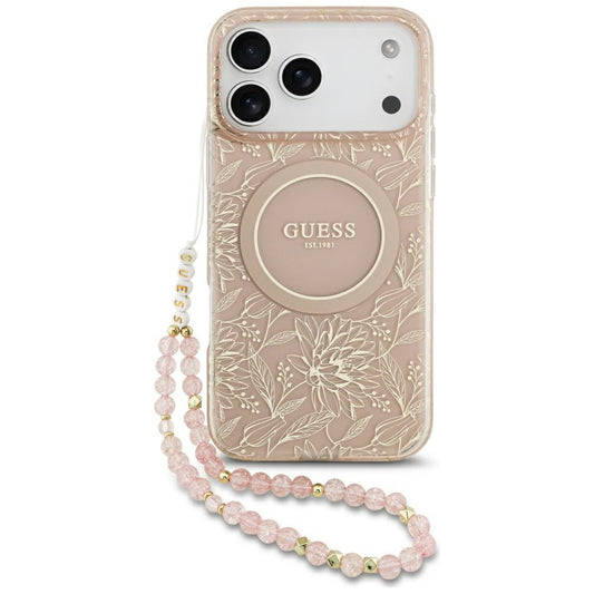 MagSafe-deksel for Apple iPhone 17 Pro Max, Guess, IML Flowers Allover Electroplated with Pearl Strap, Rosa