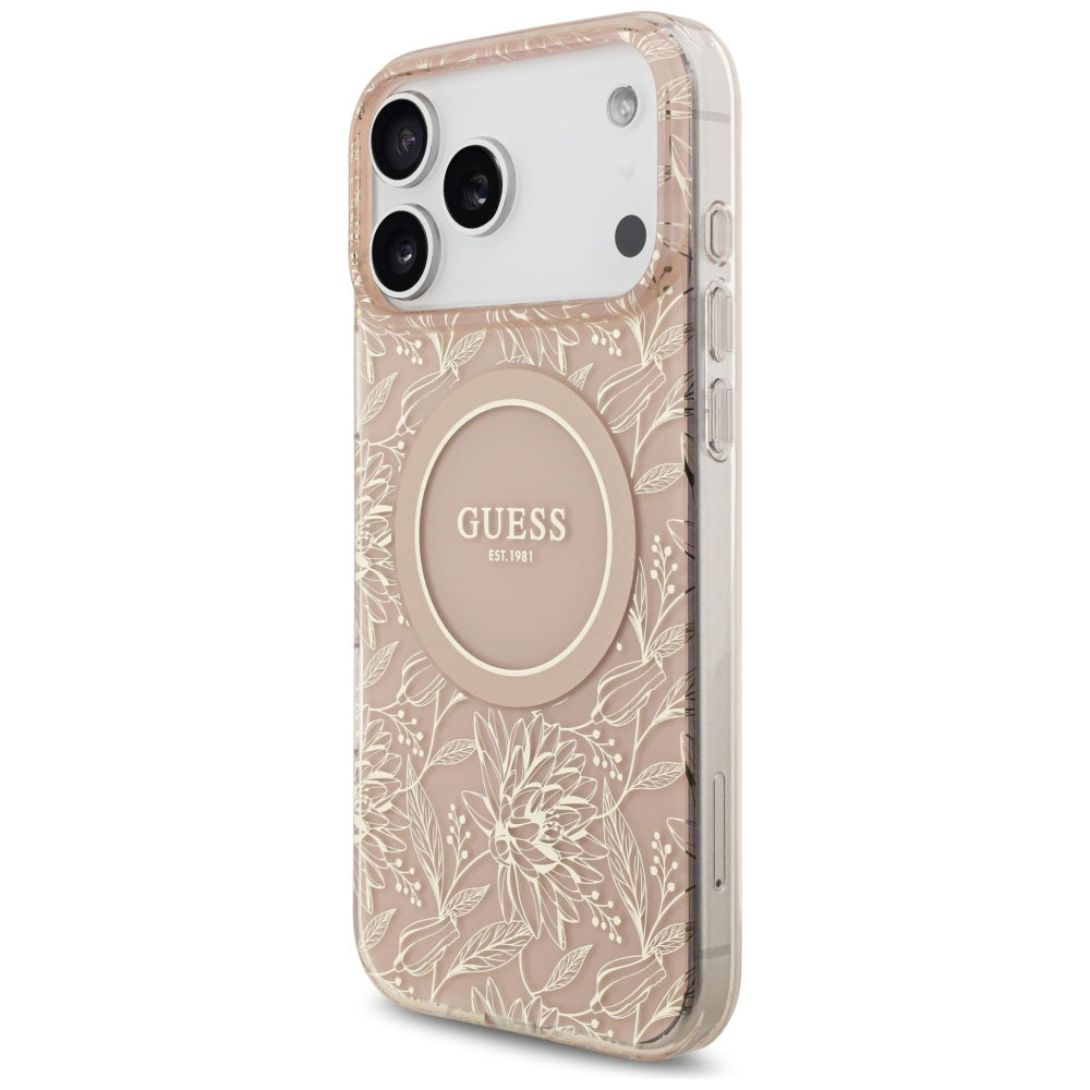 MagSafe-deksel for Apple iPhone 17 Pro Max, Guess, IML Flowers Allover Electroplated with Pearl Strap, Rosa