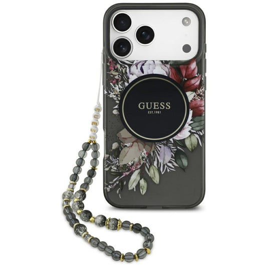 MagSafe-deksel for Apple iPhone 17 Pro Max, Guess, IML Flowers with Pearl Strap, Svart