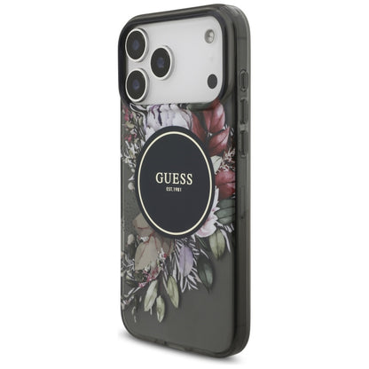 MagSafe-deksel for Apple iPhone 17 Pro Max, Guess, IML Flowers with Pearl Strap, Svart