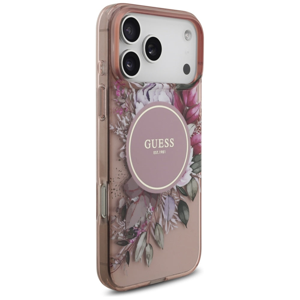 MagSafe-deksel for Apple iPhone 17 Pro Max, Guess, IML Flowers with Pearl Strap, Rosa