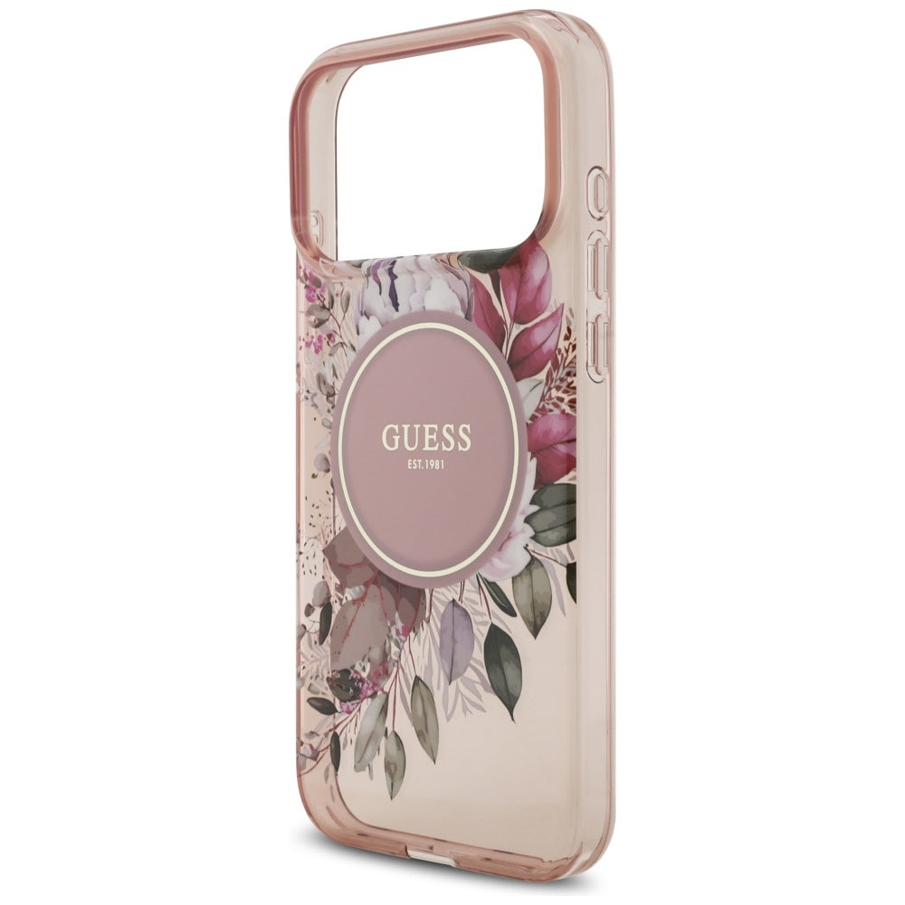 MagSafe-deksel for Apple iPhone 17 Pro Max, Guess, IML Flowers with Pearl Strap, Rosa