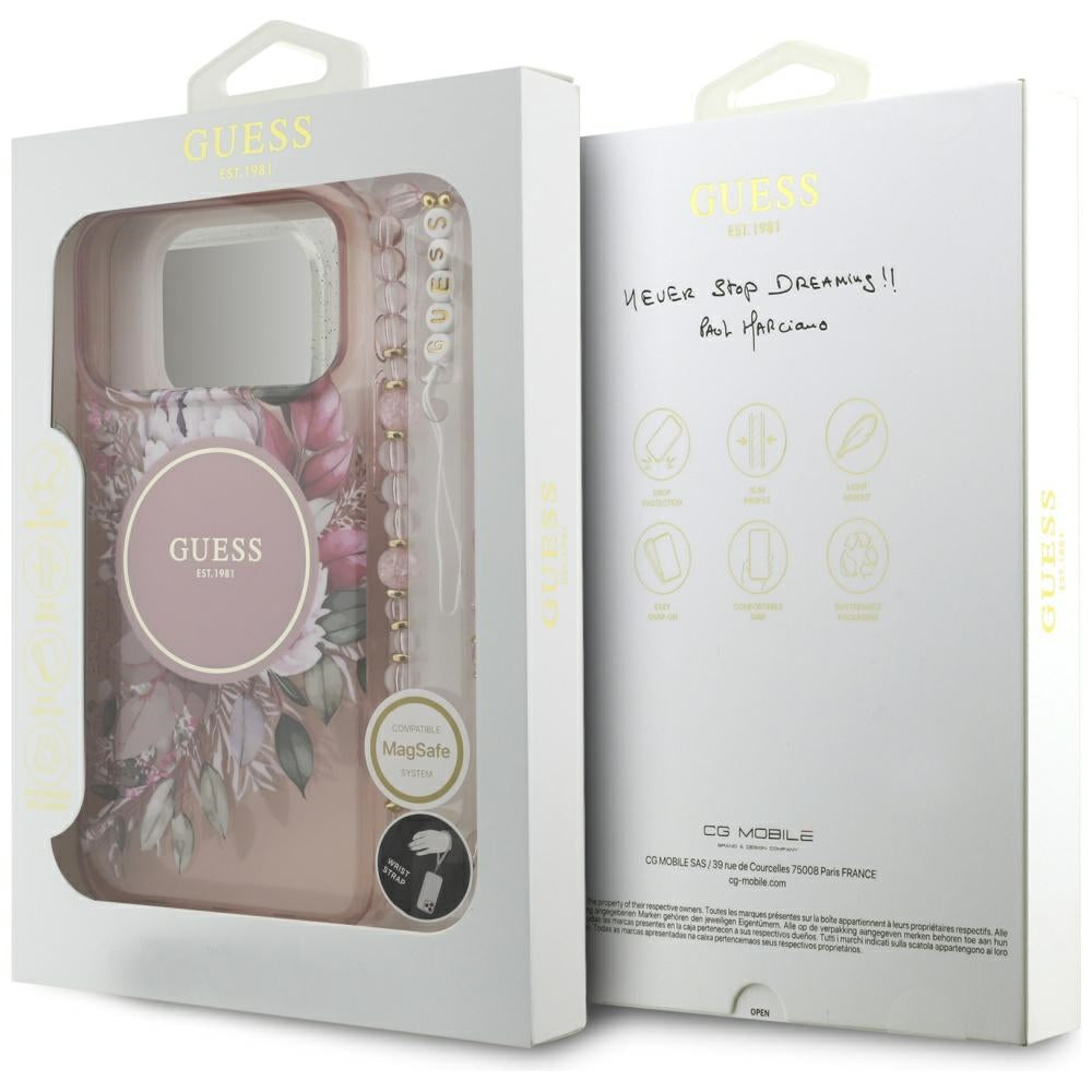 MagSafe-deksel for Apple iPhone 17 Pro Max, Guess, IML Flowers with Pearl Strap, Rosa