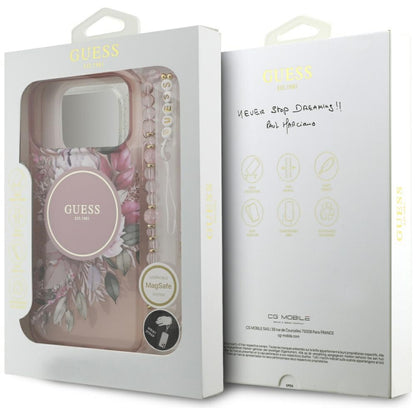 MagSafe-deksel for Apple iPhone 17 Pro Max, Guess, IML Flowers with Pearl Strap, Rosa