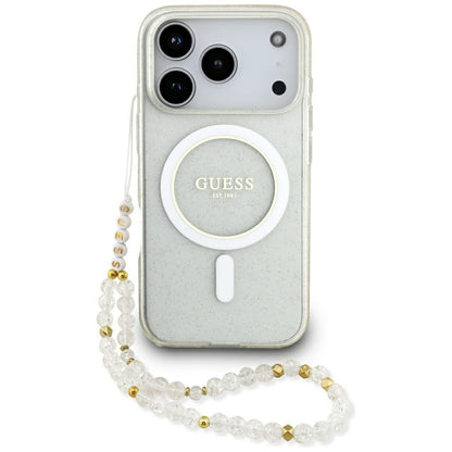 MagSafe-deksel for Apple iPhone 17 Pro Max, Guess, IML Glitter with Pearl Strap, Gjennomsiktig