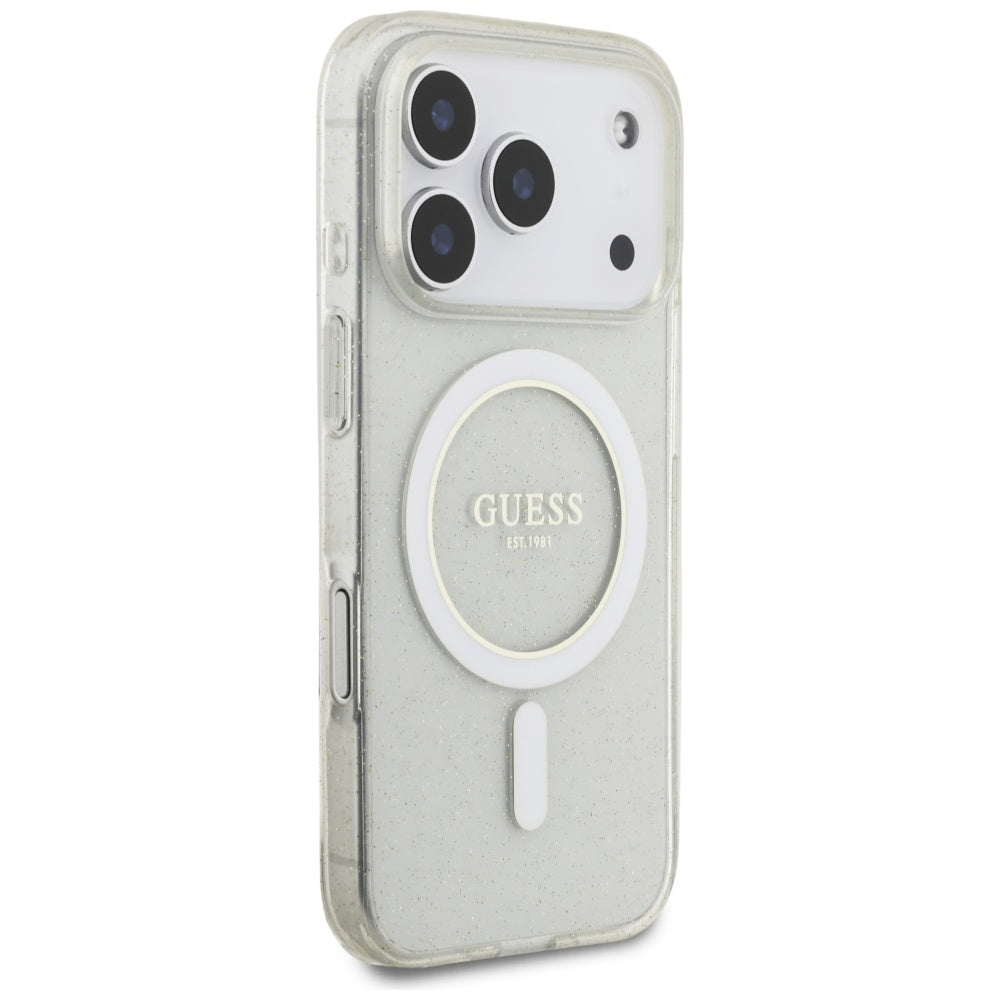 MagSafe-deksel for Apple iPhone 17 Pro Max, Guess, IML Glitter with Pearl Strap, Gjennomsiktig