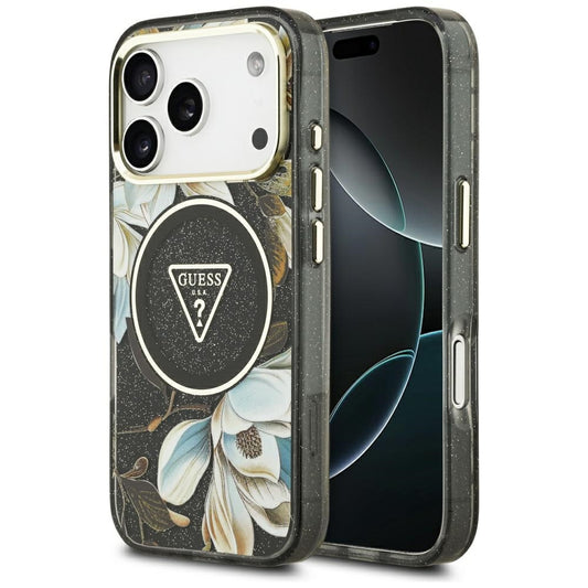 MagSafe-deksel for Apple iPhone 17 Pro Max, Guess, IML Metal Glitter Flowers Triangle, Svart