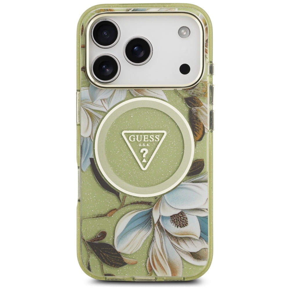 MagSafe-deksel for Apple iPhone 17 Pro Max, Guess, IML Metal Glitter Flowers Triangle, Grønn