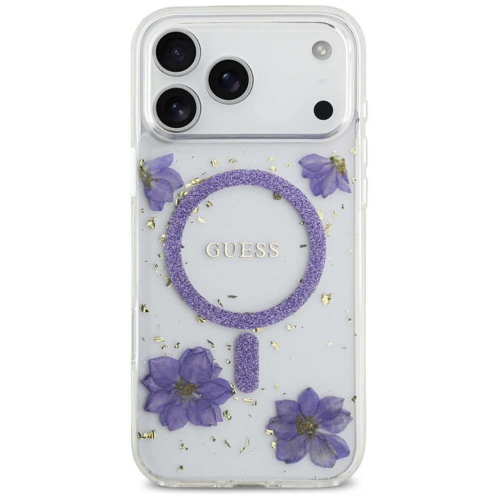 MagSafe-deksel for Apple iPhone 17 Pro Max, Guess, Resin Flowers and Glitter, Lilla
