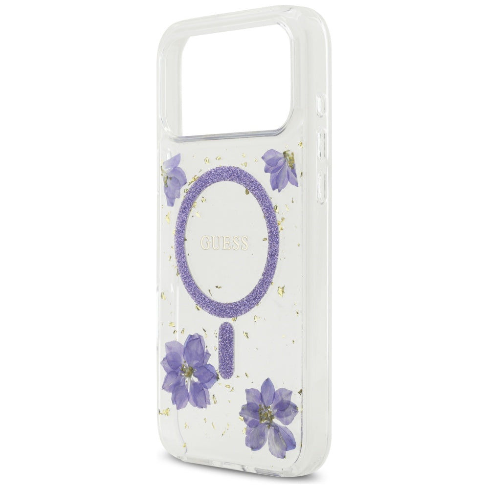 MagSafe-deksel for Apple iPhone 17 Pro Max, Guess, Resin Flowers and Glitter, Lilla
