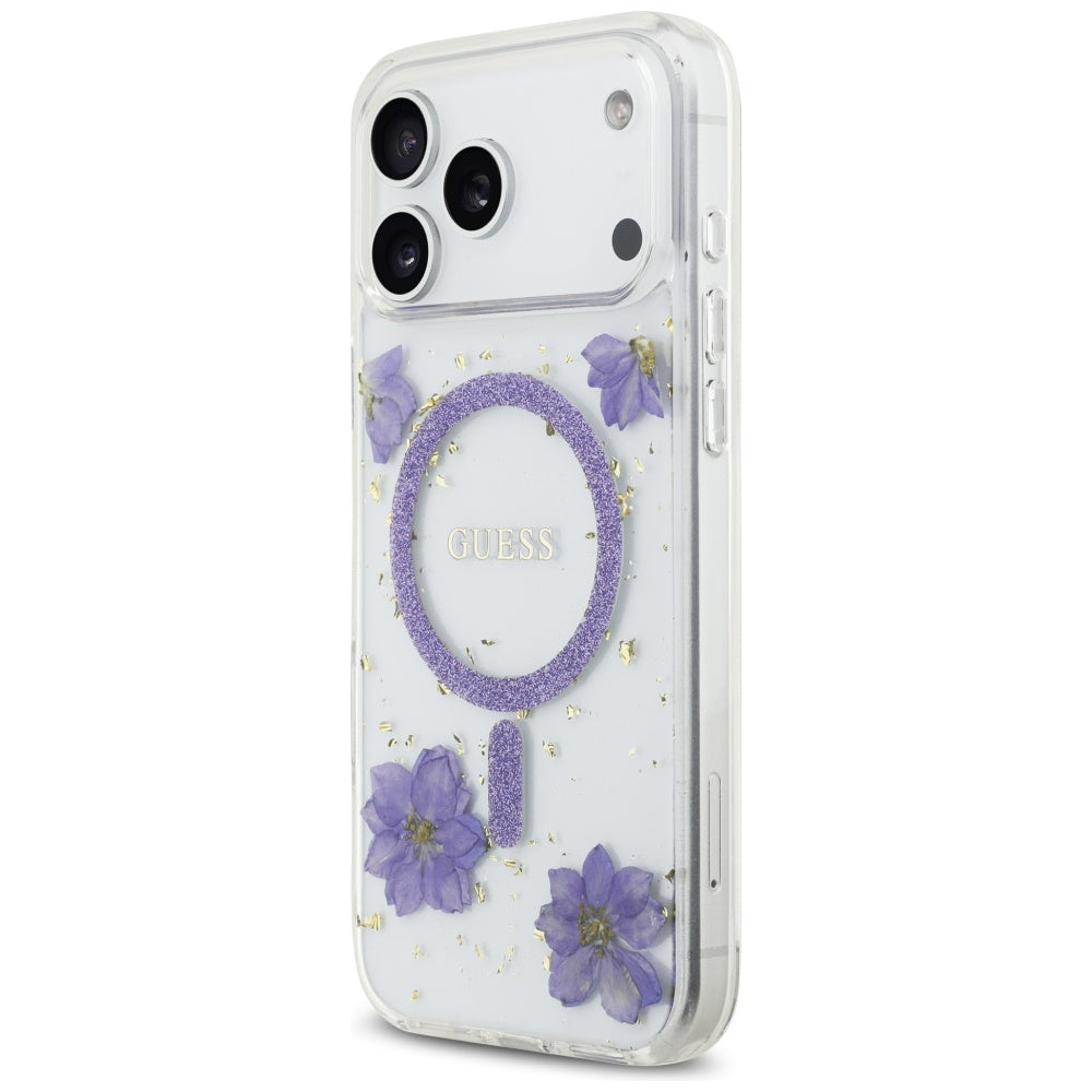MagSafe-deksel for Apple iPhone 17 Pro Max, Guess, Resin Flowers and Glitter, Lilla