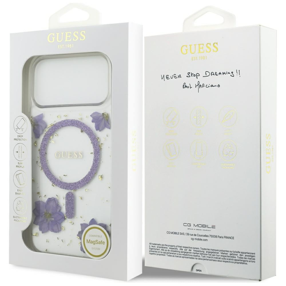 MagSafe-deksel for Apple iPhone 17 Pro Max, Guess, Resin Flowers and Glitter, Lilla