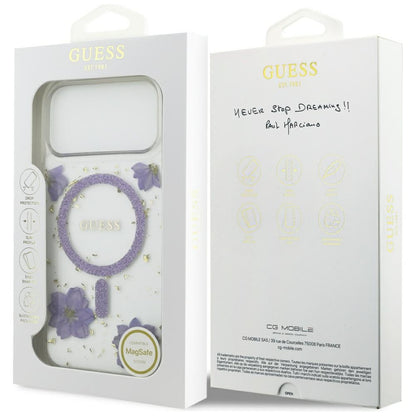 MagSafe-deksel for Apple iPhone 17 Pro Max, Guess, Resin Flowers and Glitter, Lilla
