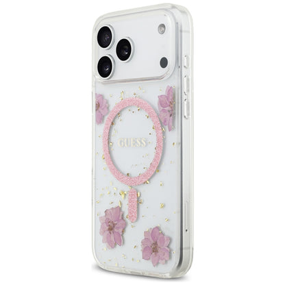 MagSafe-deksel for Apple iPhone 17 Pro Max, Guess, Resin Flowers and Glitter, Rosa