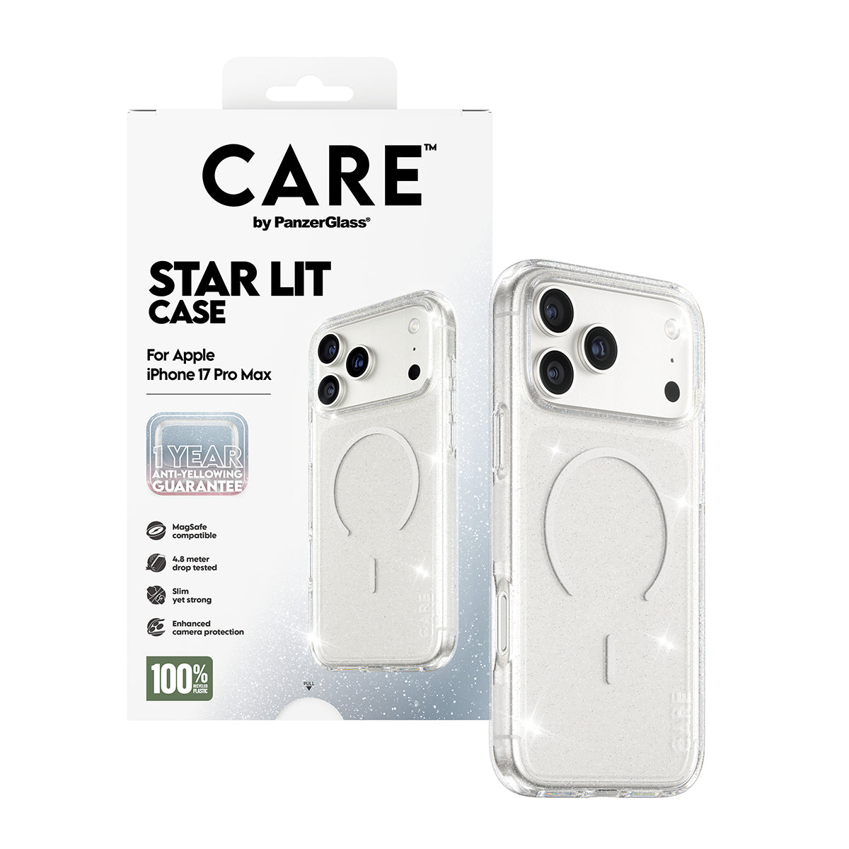 MagSafe-deksel for Apple iPhone 17 Pro Max, PanzerGlass, Care Urban Explorer Star Lit, Transparent Hvit