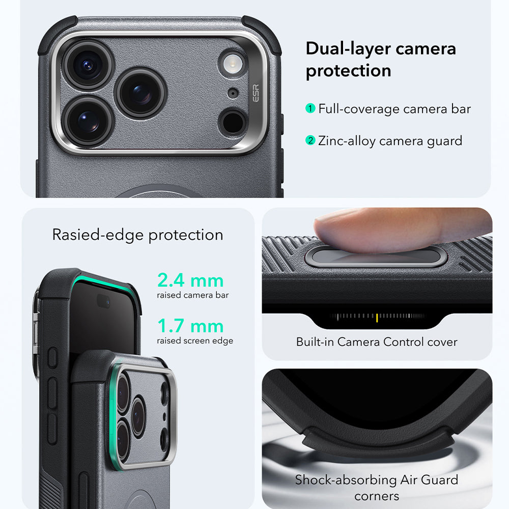 MagSafe-deksel for Apple iPhone 18 Pro / 17 Pro, ESR, Cyber Armor Kickstand, Grå