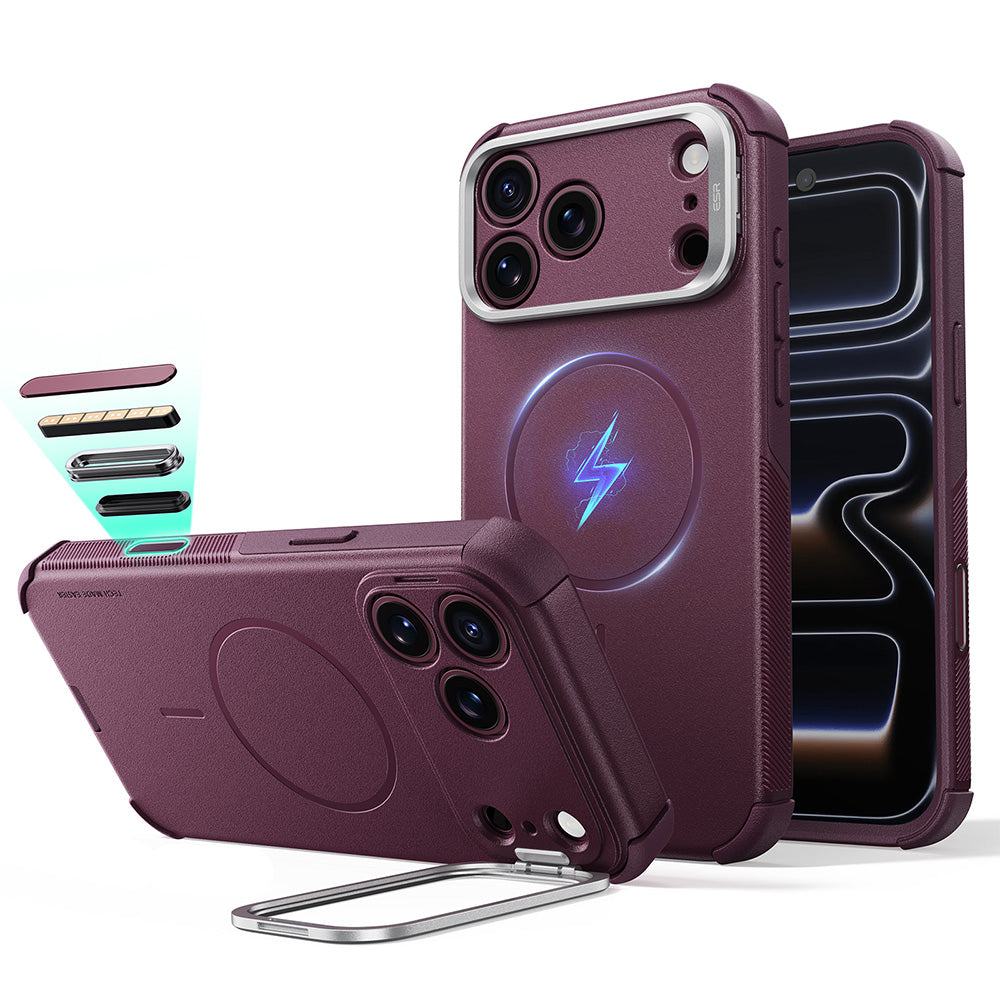 MagSafe-deksel for Apple iPhone 18 Pro / 17 Pro, ESR, Cyber Armor Kickstand, Mørk Rød Satinert