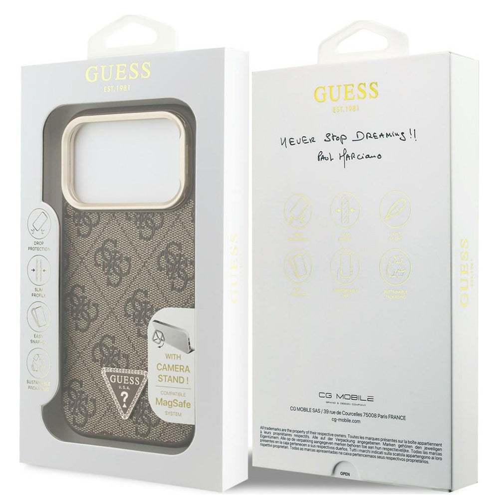 MagSafe-deksel til Apple iPhone 18 Pro / 17 Pro, Guess, 4G Triangle Logo & kamerastativ, brun