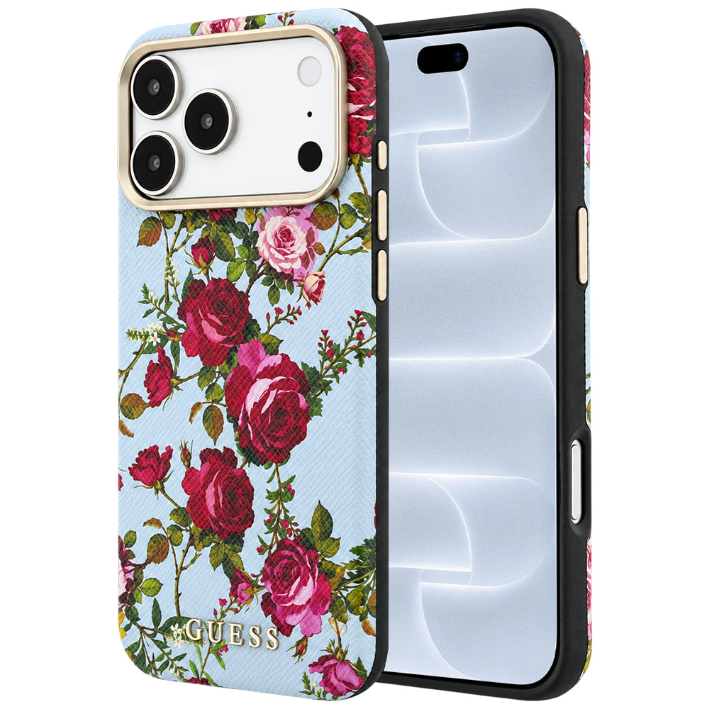MagSafe-deksel til Apple iPhone 18 Pro / 17 Pro, Guess, Blossom Roses Print, blå
