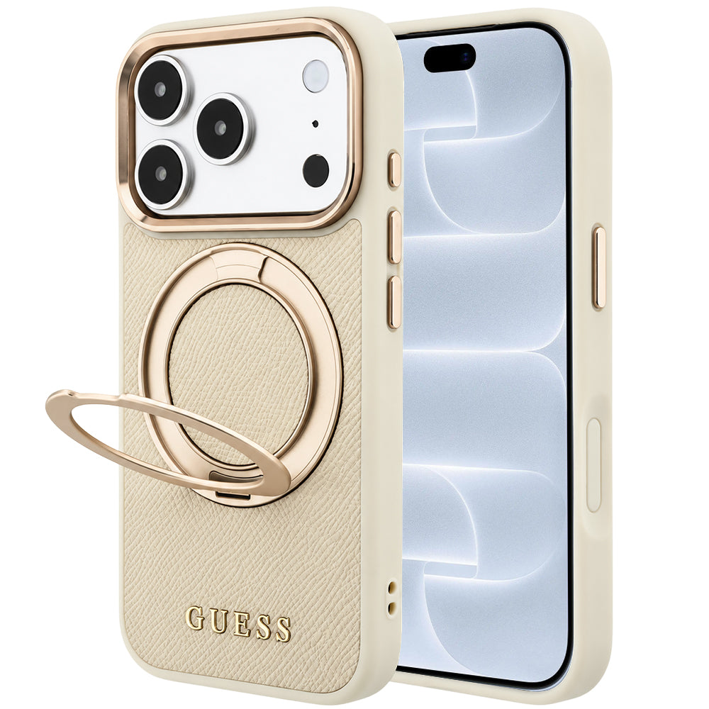 MagSafe-deksel til Apple iPhone 18 Pro / 17 Pro, Guess Grained Ring Stand 360 Classic, beige
