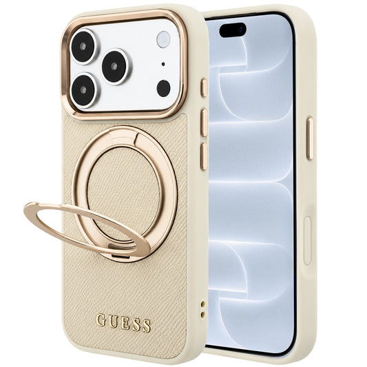 MagSafe-deksel til Apple iPhone 18 Pro / 17 Pro, Guess Grained Ring Stand 360 Classic, beige