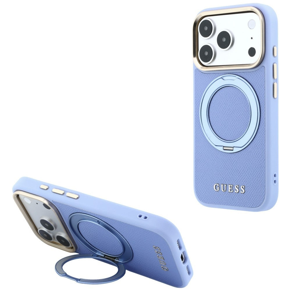 MagSafe-deksel til Apple iPhone 18 Pro / 17 Pro, Guess Grained Ring Stand 360 Classic, blå