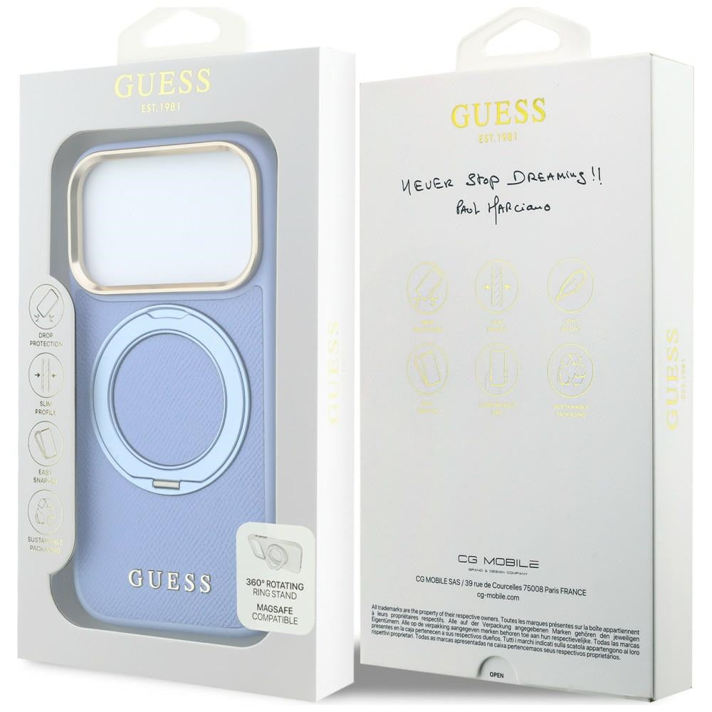 MagSafe-deksel til Apple iPhone 18 Pro / 17 Pro, Guess Grained Ring Stand 360 Classic, blå