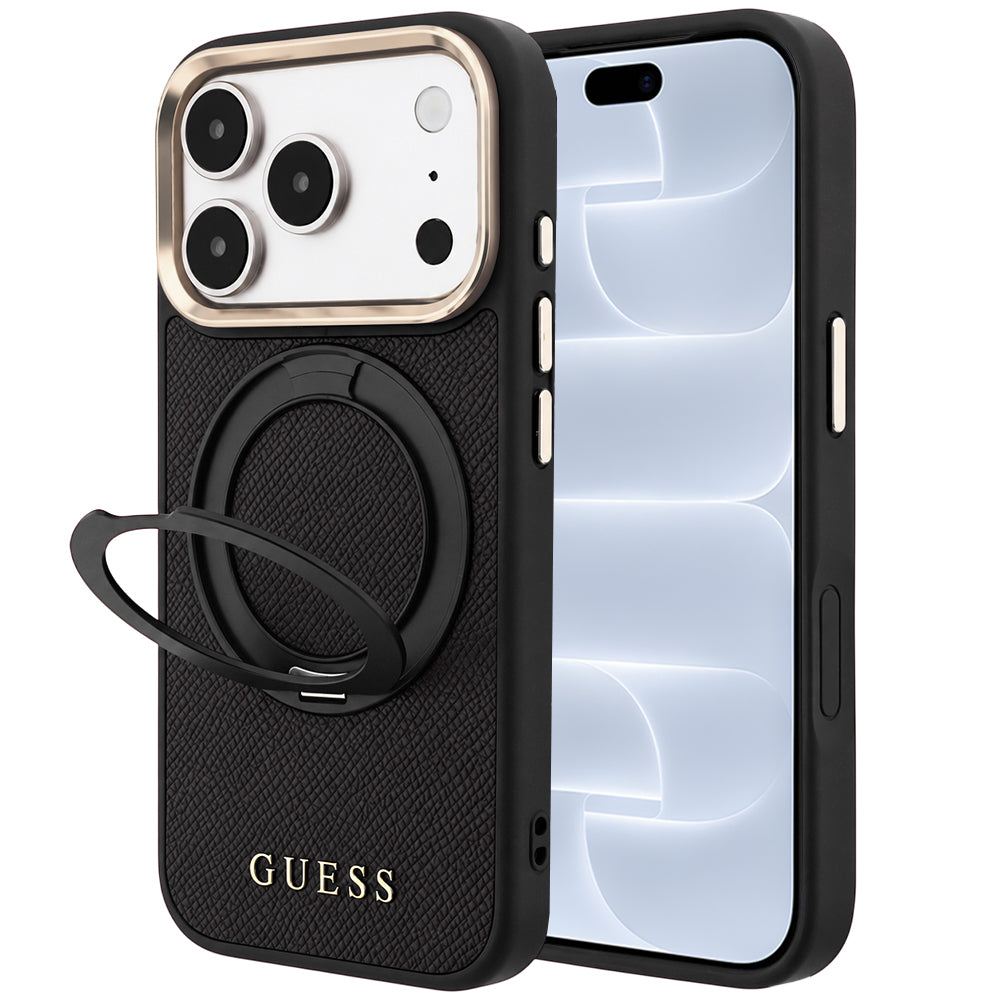 MagSafe-deksel til Apple iPhone 18 Pro / 17 Pro, Guess Grained Ring Stand 360 Classic, svart