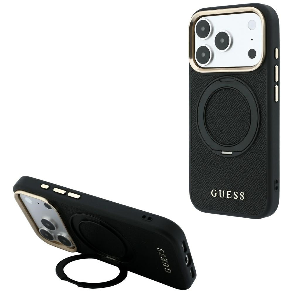 MagSafe-deksel til Apple iPhone 18 Pro / 17 Pro, Guess Grained Ring Stand 360 Classic, svart