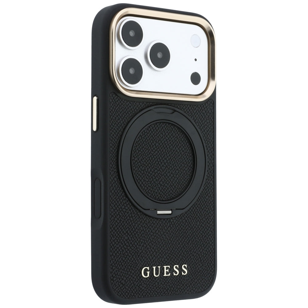 MagSafe-deksel til Apple iPhone 18 Pro / 17 Pro, Guess Grained Ring Stand 360 Classic, svart