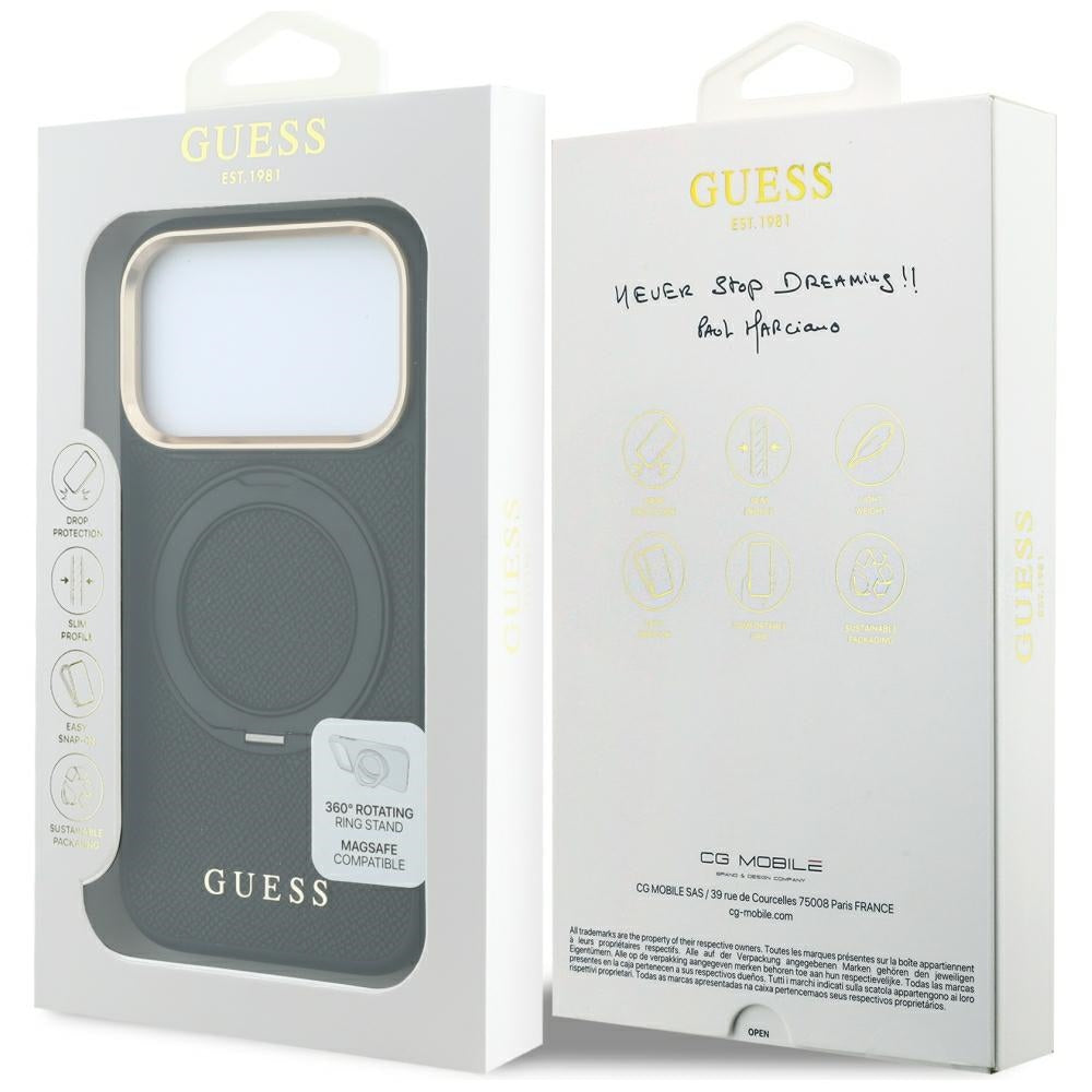 MagSafe-deksel til Apple iPhone 18 Pro / 17 Pro, Guess Grained Ring Stand 360 Classic, svart