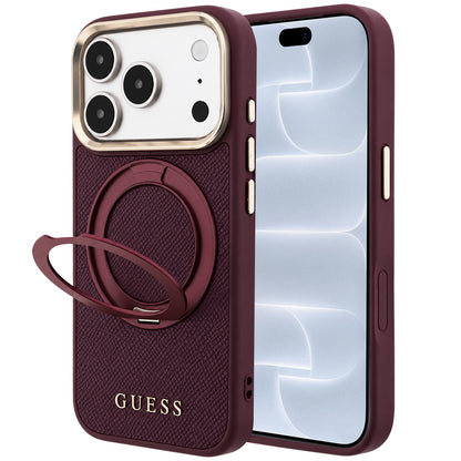 MagSafe-deksel til Apple iPhone 18 Pro / 17 Pro, Guess Grained Ring Stand 360 Classic, vinrød