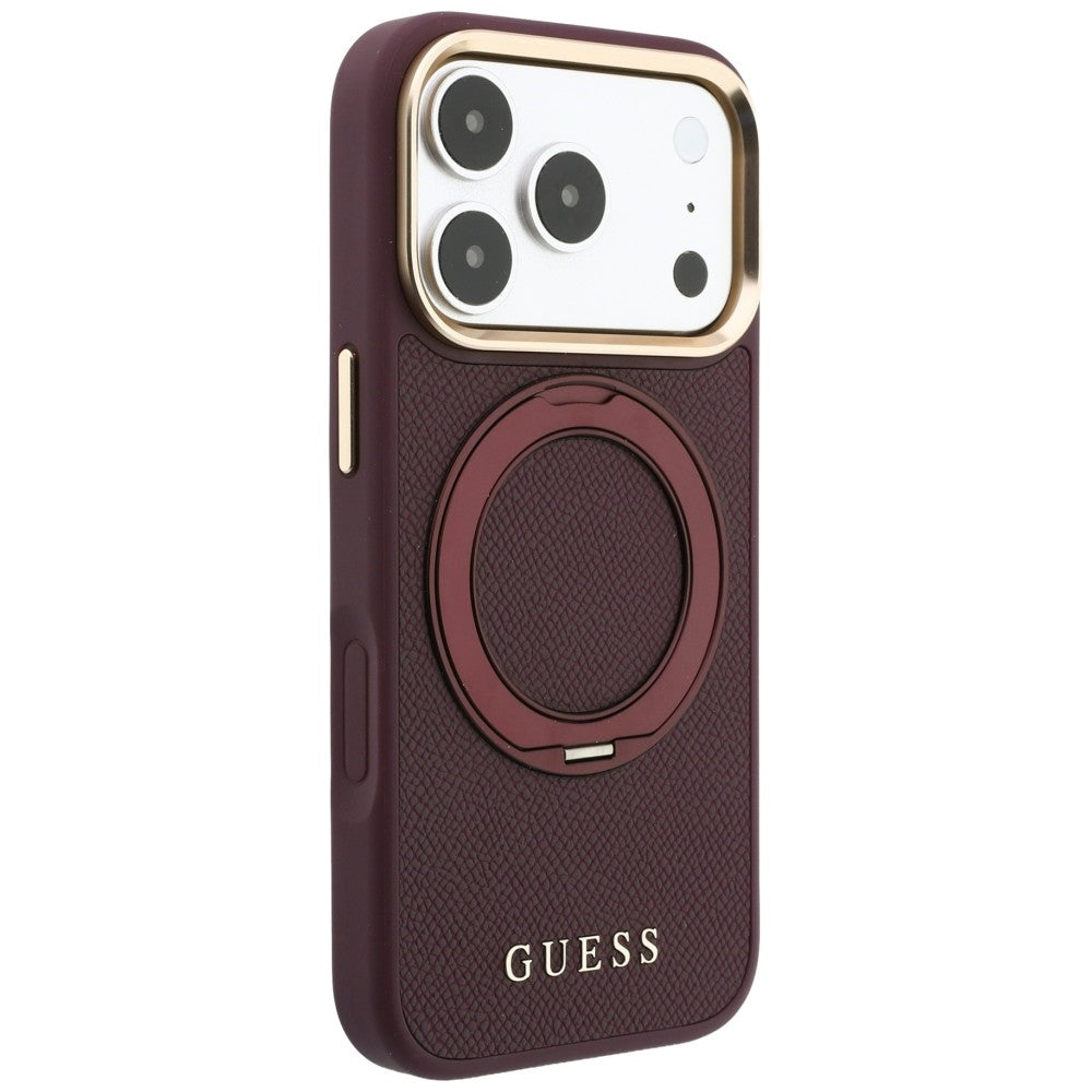 MagSafe-deksel til Apple iPhone 18 Pro / 17 Pro, Guess Grained Ring Stand 360 Classic, vinrød